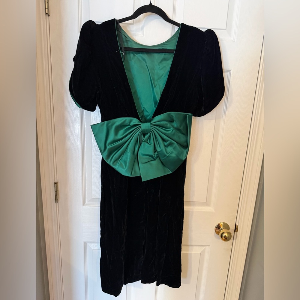 Vintage Velvet Black and Green Midi Dress with low back large bow